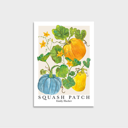 A mini art print featuring a watercolor illustration of three pumpkins and squash in blue, yellow, and orange with green leaves and vines, set against a cream background. The text 'SQUASH PATCH' and the name 'Emily Hacker' are printed below the artwork.