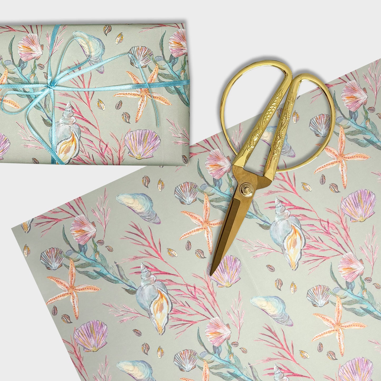 Seashell hand designed starfish patterned paper with gold scissors on a white background