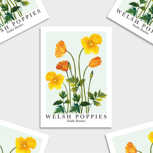 Mini art print featuring hand illustrated orange Welsh poppy wildflower artworkon a blue background with poster style white border with ‘Welsh poppy’ title with ‘Emily hacker underneath