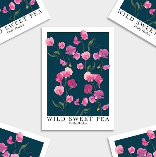 A botanical art print titled 'WILD SWEET PEA' by Emily Hacker, featuring pink sweet pea flowers on a dark navy  background, styled in a flat-lay arrangement with other copies of the print on a light gray surface.