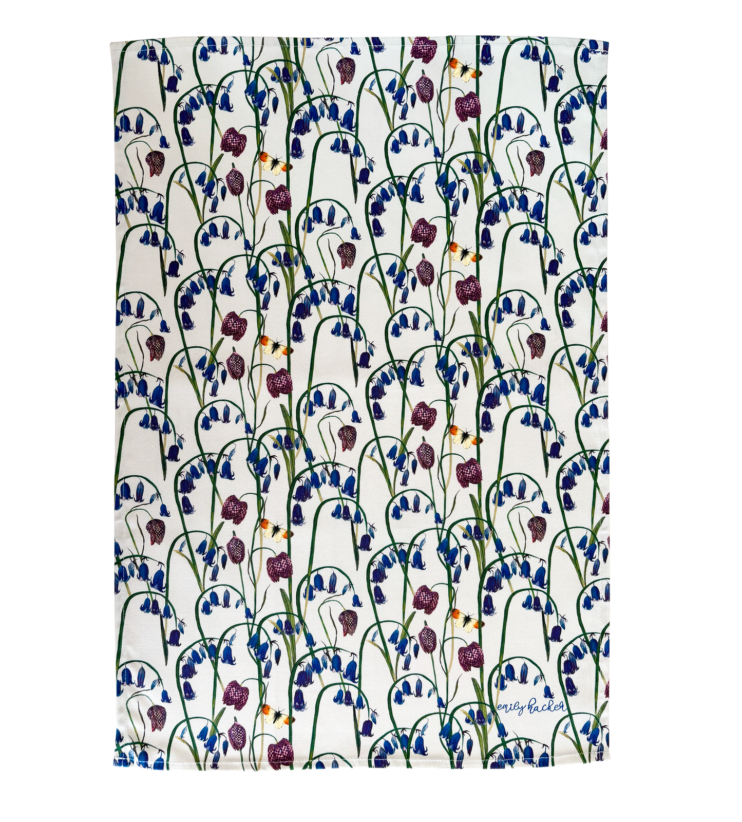 A pure cotton tea towel with a beautiful bluebell and purple snake head fritilary floral design 