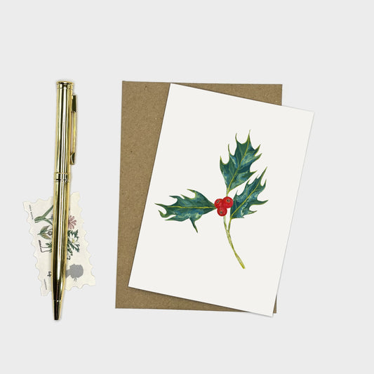 Holly A7 Christmas greeting card with illustrated leaves and red berries
