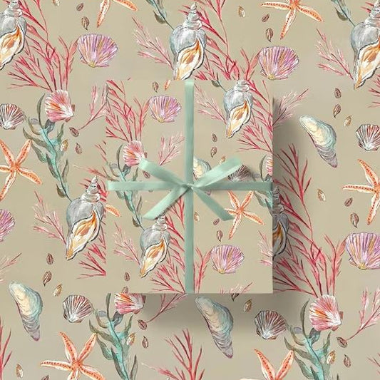 Under the Sea Wrapping Paper, with a decorative ribbon with shell and starfish pattern