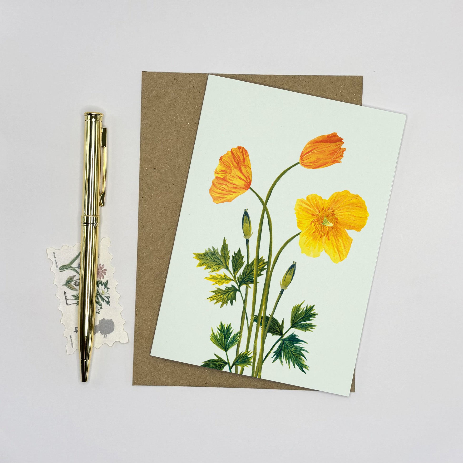 Eco Card with yellow wildflowers of Welsh poppies  and green leaves on a white background