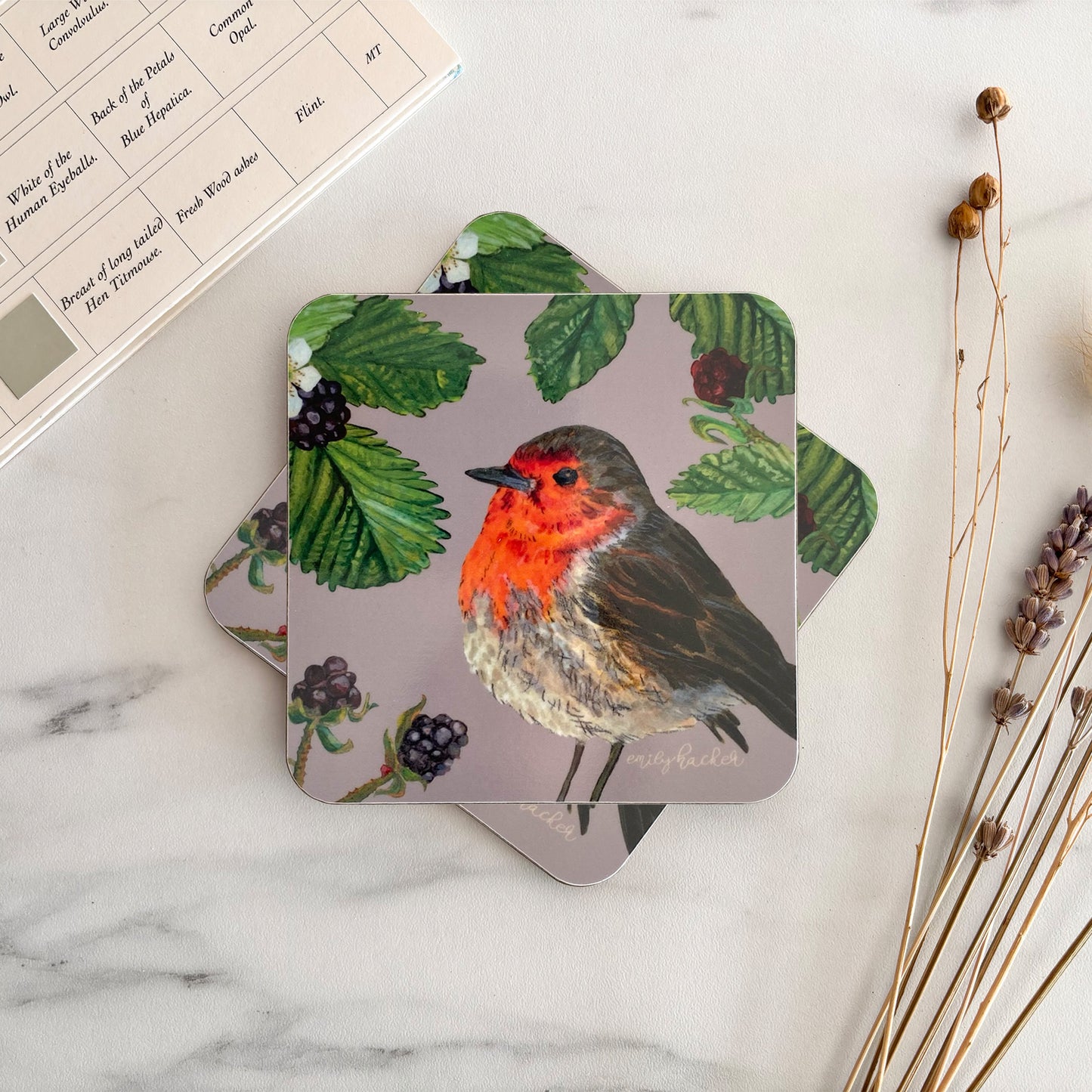 Robin Coaster with a hand painted robin design on a marble surface