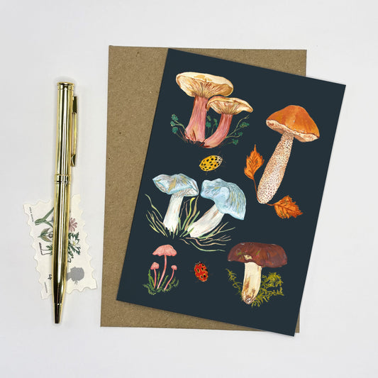 Woodland mushroom birthday card with hand painted mushroom illustration on a white background